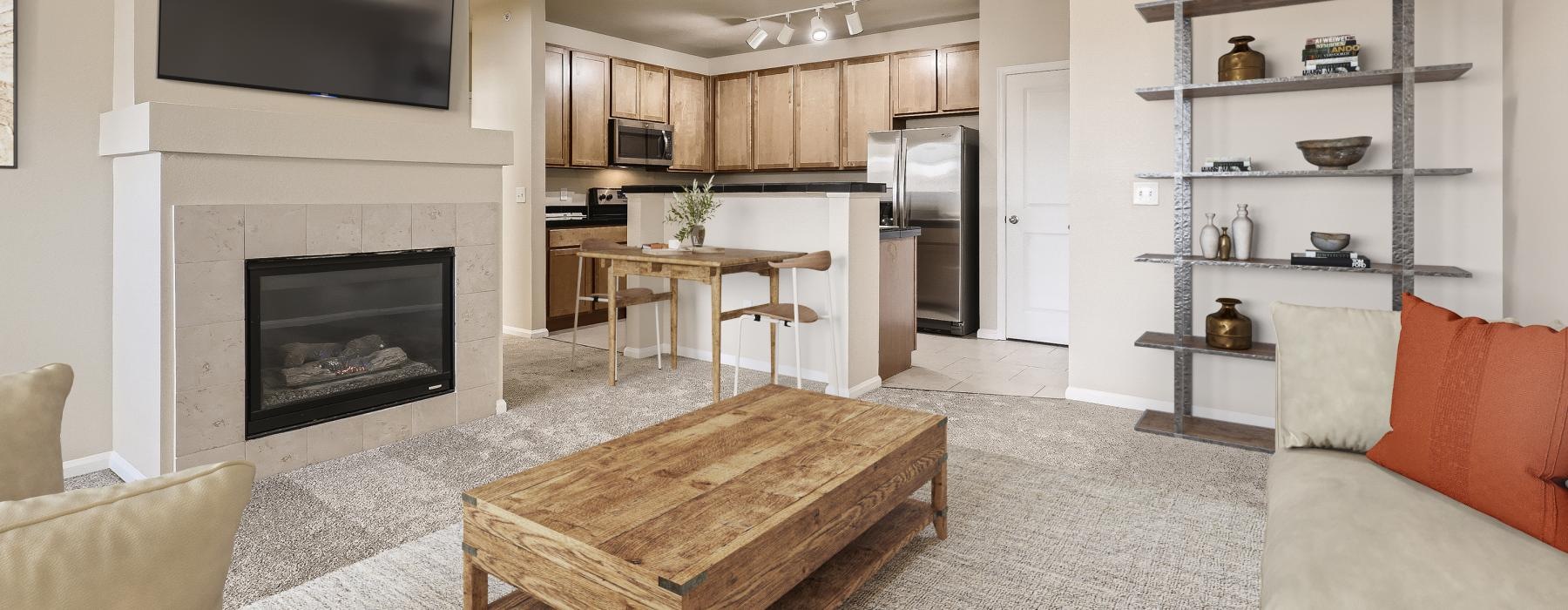 a living room with a fireplace a tv and a couch