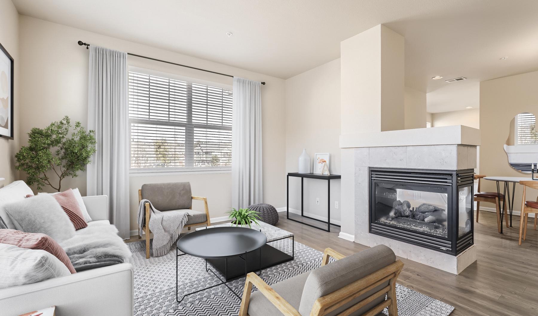 a living room with a fireplace