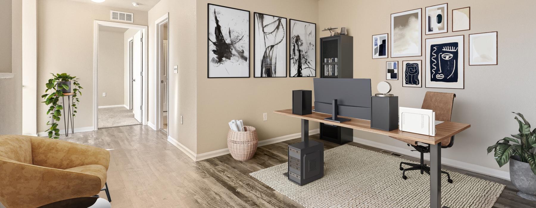 a room with a desk and a couch